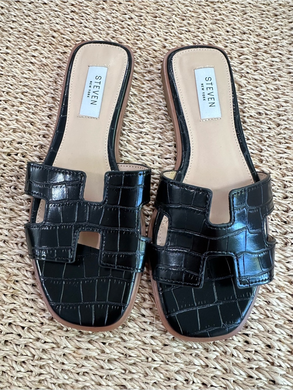 STEVEN New York Black Croc-Embossed Slide Sandals
